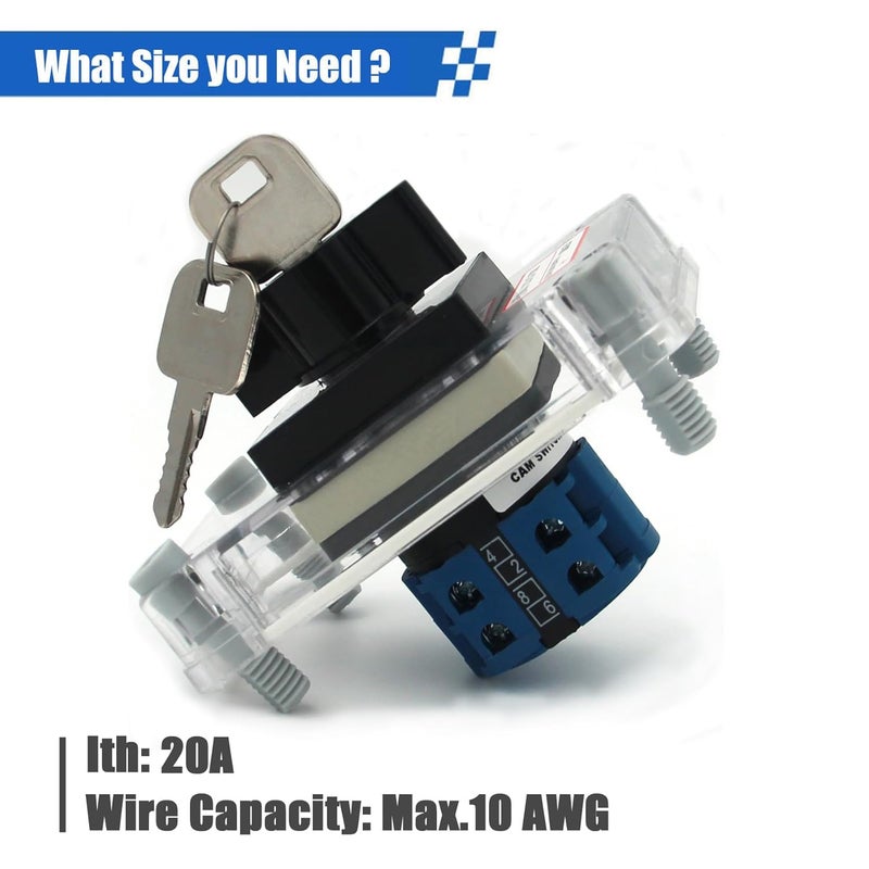 Keymoo 20A Rotary Changeover Switch with Key Lock, 660V 3 Position 2 Phase 8 Terminals, 2-Way 2NO 2NC, Universal Selector Switch with Waterproof Enclosure (3 Positions 2 Poles w/Key) - Image 3